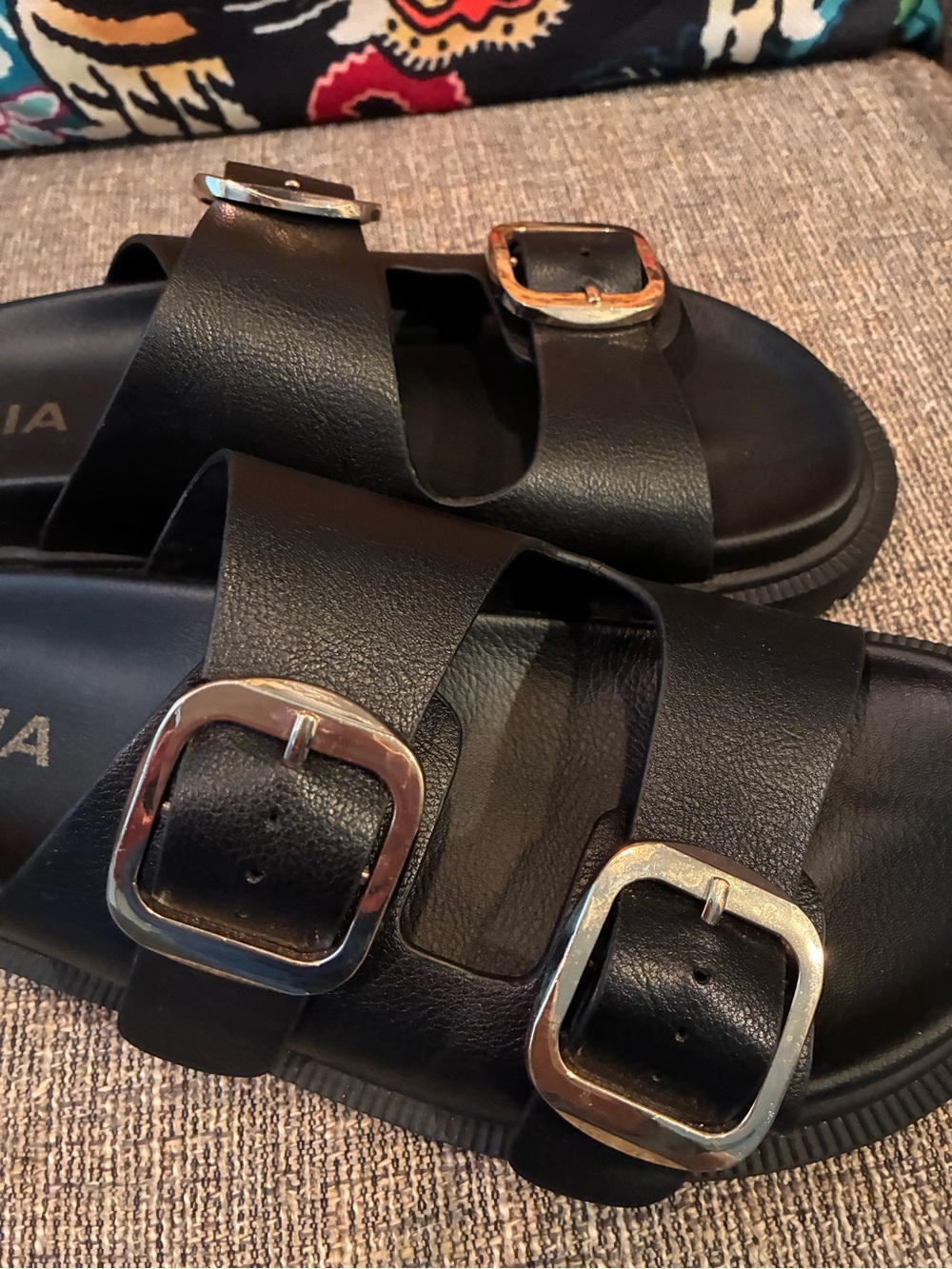 MIA Black Double-Buckle Slide Sandals with Gold Hardware - Picture 4 of 5